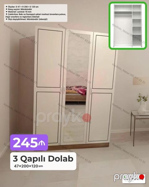 3 qapılı geyim dolabı - Ölçülər: 47 200 120 sm - Material: 18 mm — Bakı
