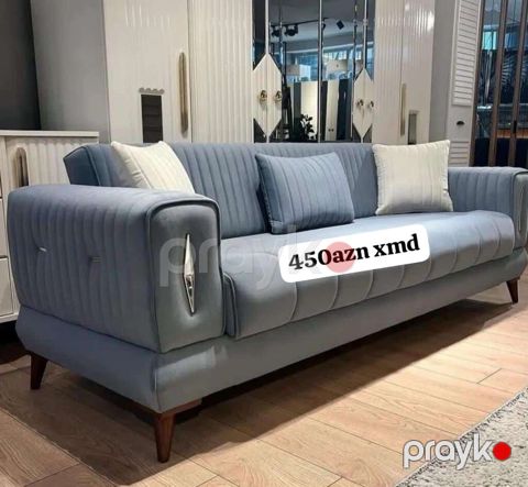 Mavi rəngdə, müasir dizaynlı 3 nəfərlik divan. - Yumşaq, zolaqlı — Bakı