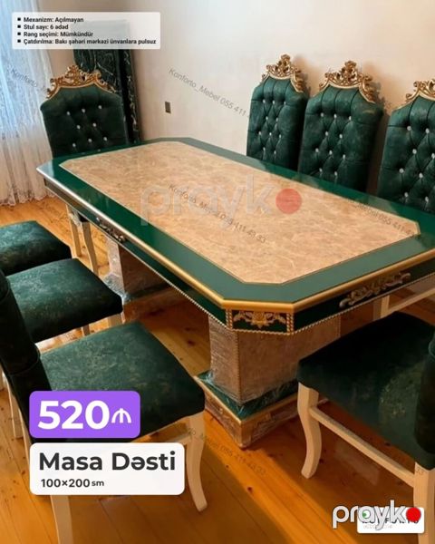 Mebel dəsti – Masa və 6 stul Ölçü: 100×200 sm Qiymət: 520 (şəkildə — Bakı