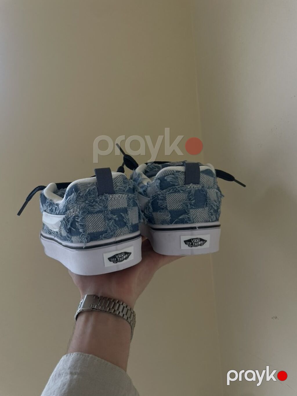 Vans Old Skool – mavi ağ dama naxışlı, “distressed” denim üstlük — Krossovkalar, Bakı (3)