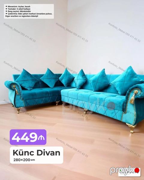 Künc divan – 280×200 sm - Şık klassik dizayn, zümrüd tonlu məxməri — Bakı