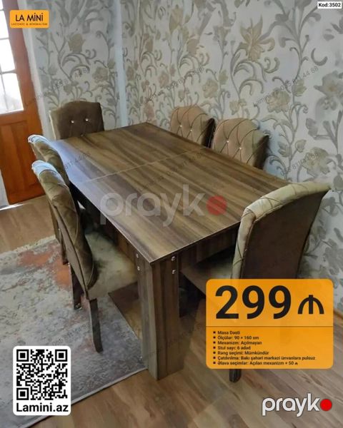 Masa dəsti - Ölçülər: 90 x 160 sm - Mexanizm: Açılmayan - Stul sayı — Bakı