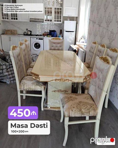 Məhsul: Masa dəsti Ölçü: 100×200 sm Komplekt: 1 masa + 6 stul — Bakı