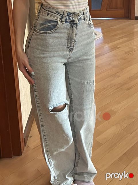 Qadınlar üçün hündürbel jeans şalvar. Geniş kəsim (straight/relaxed — Bakı