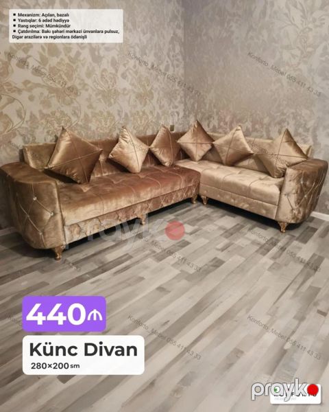 Künc divan – 280×200 sm - Mexanizm: açılan, bazalı (yataq funksiyalı — Bakı