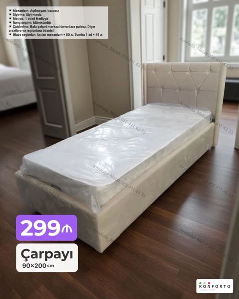 Tək nəfərlik çarpayı – 90×200 sm - Mexanizm: açılmayan, bazasız — Bakı