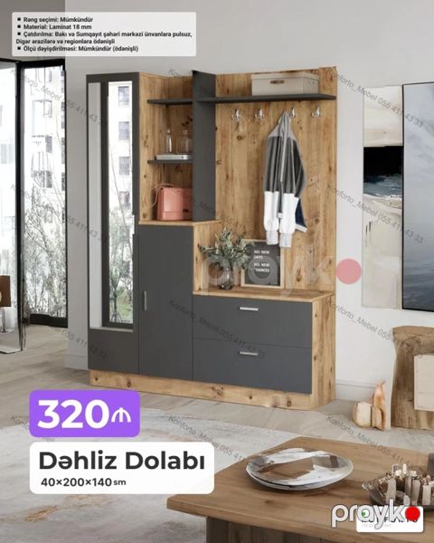 Dəhliz dolabı – 40×200×140 sm - Funksional modul quruluş: güzgülü — Bakı