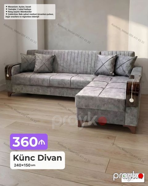 Künc divan – 240×150 sm - Mexanizm: açılan, bazalı (yataq funksiyalı — Bakı