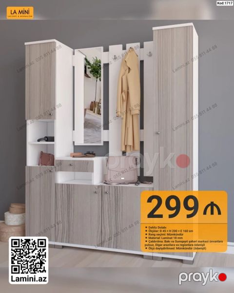 Dəhliz Dolabı – Kod: 1717 - Ölçülər: D 45 H 200 E 160 sm — Bakı