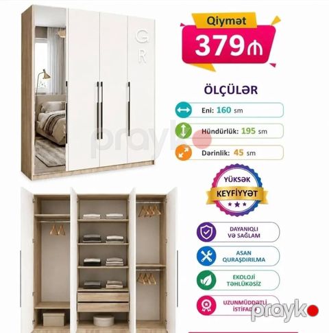 Üç qapılı paltar şkafı – güzgülü model Ölçülər: - En: 160 sm — Mehdiabad