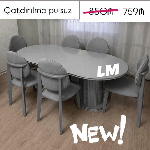 Oval formalı yemək dəsti – 6 nəfərlik Rəng: boz (monoxrom dizayn) — Dolab Taxt Çarpayı Mebel Fabriki ✨Əfsanə.x — Tables and chairs