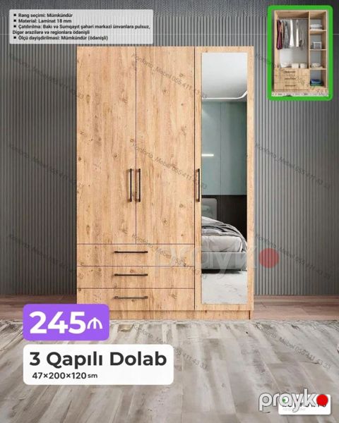 3 qapılı geyim dolabı Ölçü: 47 200 120 sm Xüsusiyyətlər — Bakı