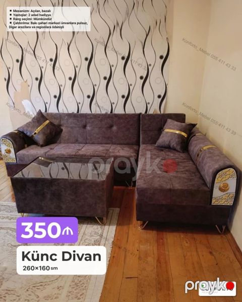 Künc Divan – 260×160 sm - Açılan, bazalı mexanizm: rahat şəkildə — Bakı