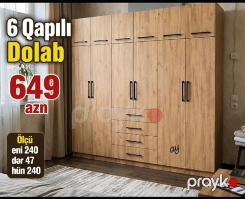 6 qapılı paltar dolabı - Material və dizayn: Təbii ağac teksturalı