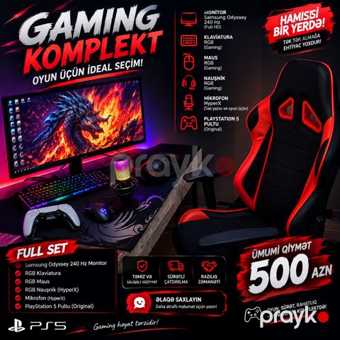 Samsung Odyssey 240 Hz monitor RGB klaviatura Gaming maus HyperX qulaqlıq HyperX mikrofon Original PlayStation 5 pultu Gaming kreslosu — Bakı