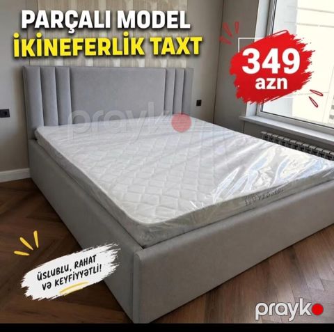Parçalı model ikinəfərlik taxt - Rəng: Açıq boz - Parçalı, hündür