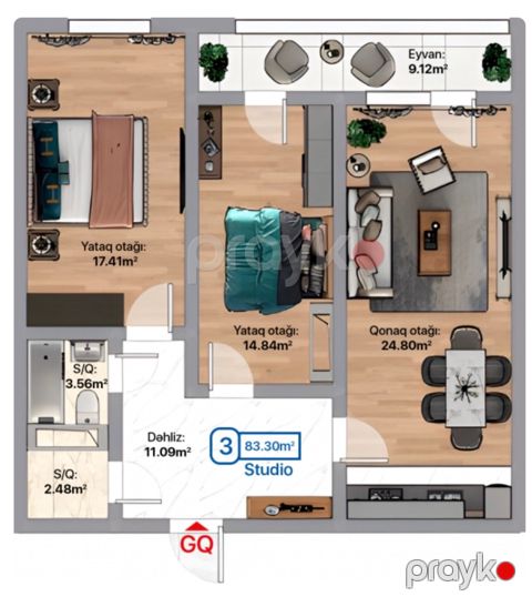 2-otaqlı yeni tikili, Həsən Əliyev küç. 7A, 83 m² — Xırdalan