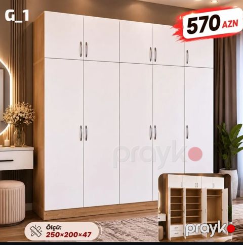 Geniş qarderob şkafı – model G_1 - Rəng: ağ ön panellər, ağac