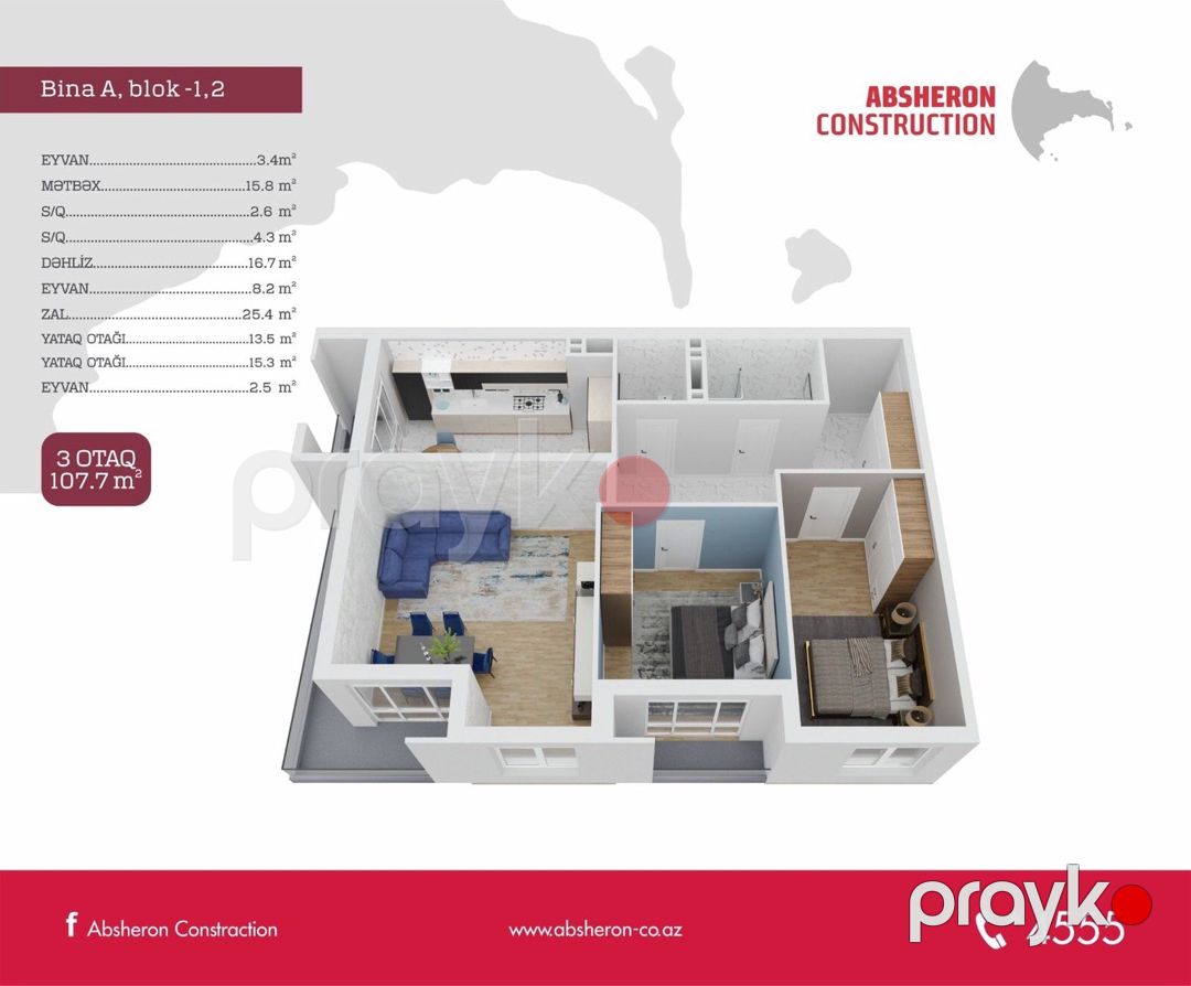 Satılır 3 otaqlı yeni tikili 107.7 m² — Mənzil, Bakı (10)