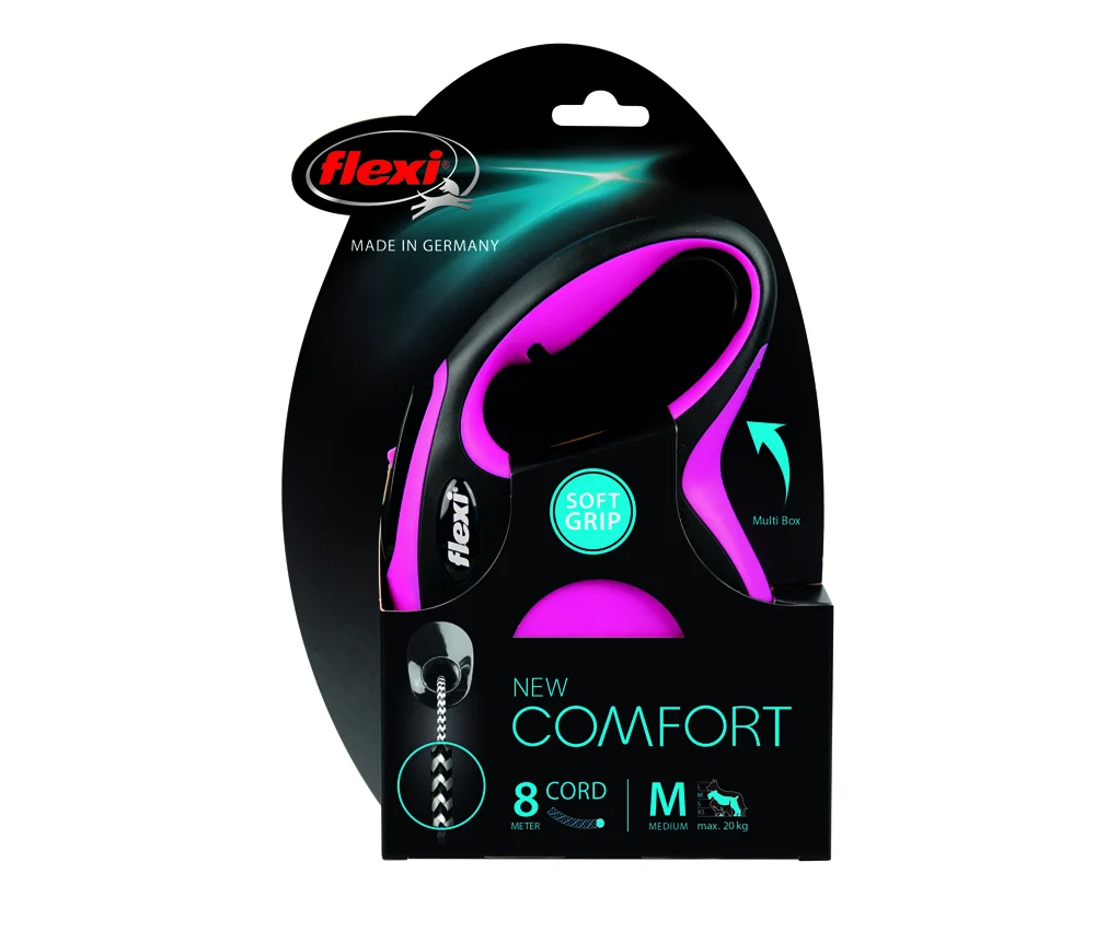 20 kq-a qədər itlər üçün Flexi New Comfort M Cord 8 m geri çəkilə bilən kabel qayışı (çəhrayı) — Bakı