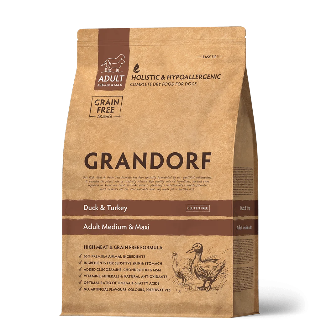 Grandorf Holistic & Hypoallergenic Adult Medium & Maxi Duck & Turkey, həssas həzmə malik və ya allergiyaya meylli orta və iri cinsli yetkin itlər üçün ördək və hinduşkalı quru yem (bütöv kisə, 10 kq) — Bakı