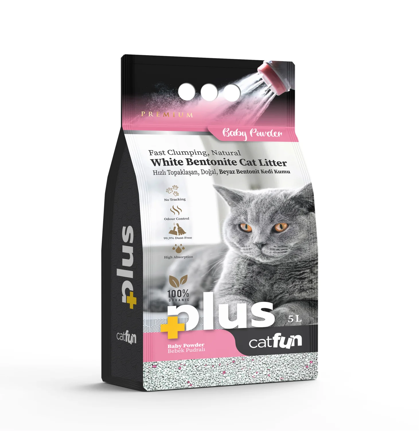 CatFun PLus körpə pudrası ətirli topalaşan pişik qumu, 5 l