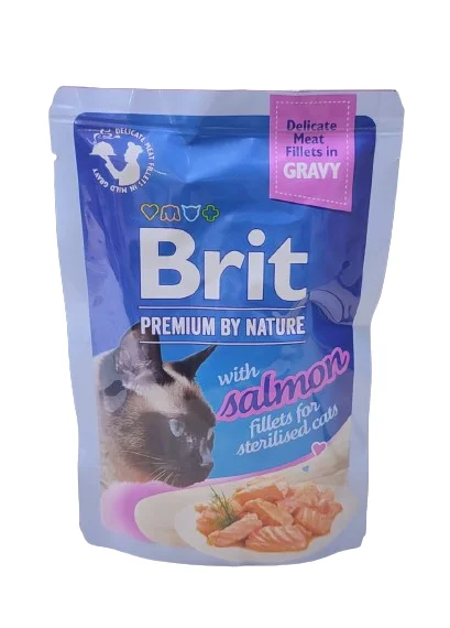 Brit Premium Pişik Sterilizasiya Edilmiş Qızılbalıq Sousu Filetosu, sousda qızılbalıq ilə sterilizasiya edilmiş pişiklər üçün yetkin yaş yem, 85 q — Bakı