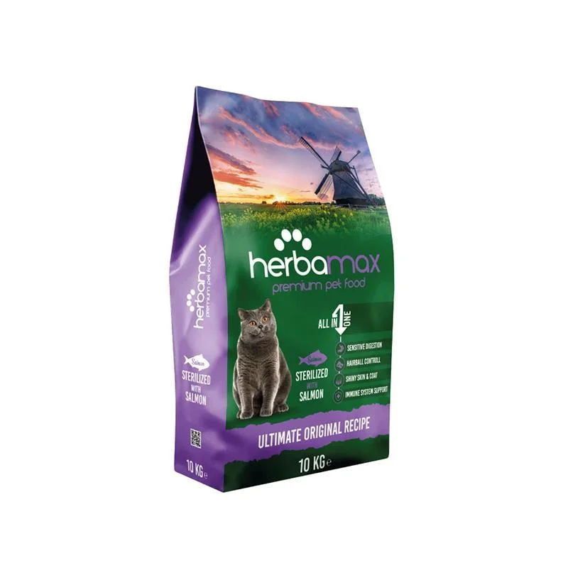 Herbamax Premium Sterilized Cat With Salmon, sterilizə olunmuş pişiklər üçün qızılbalıqlı premium quru yem (bütöv kisə, 10 kq) — Bakı