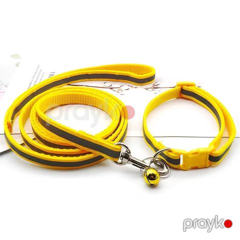 Boyunluq və xalta dəsti pişiklər və xırda itlər üçün, 120 sm ip, 19-33 sm tənzimlənən boyunluq, işığı əks etdirən, sarı — Bakı