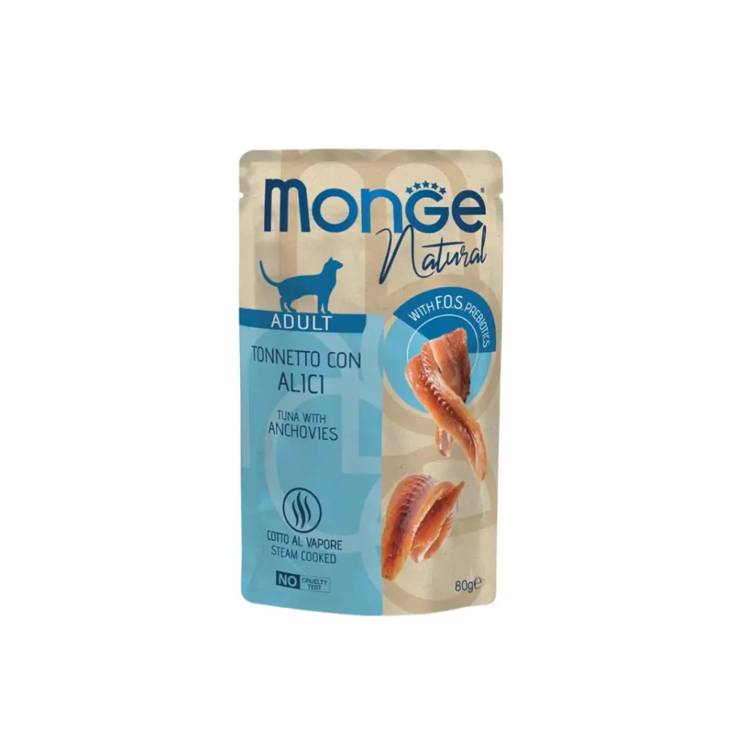Monge Natural Adult Tonno con Acciughine yaş pişik yemi, jele içində tuna ilə, super premium keyfiyyətli 80 q