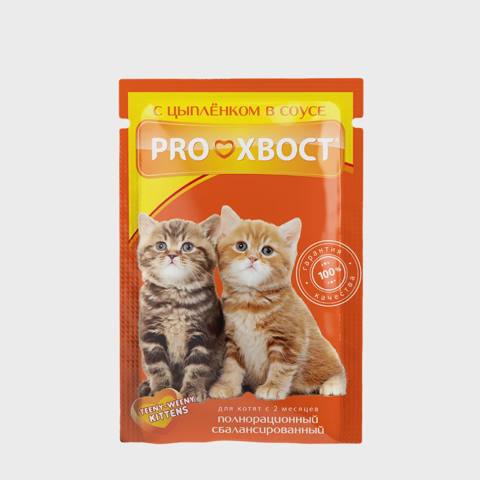 Pro Xvost, pişik balaları üçün yaş yem, sousda cücə əti ilə, 85 q — Мысықтар