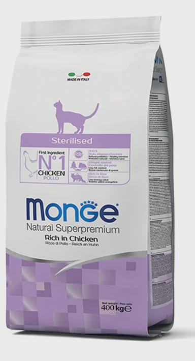 Monge Sterilized Adult Natural Superpremium Rich in Chicken, sterilizasiya olunmuş pişiklər üçün tam rasionlu quru yem, toyuq ilə, soya əlavə edilmədən, 400 q — Cats