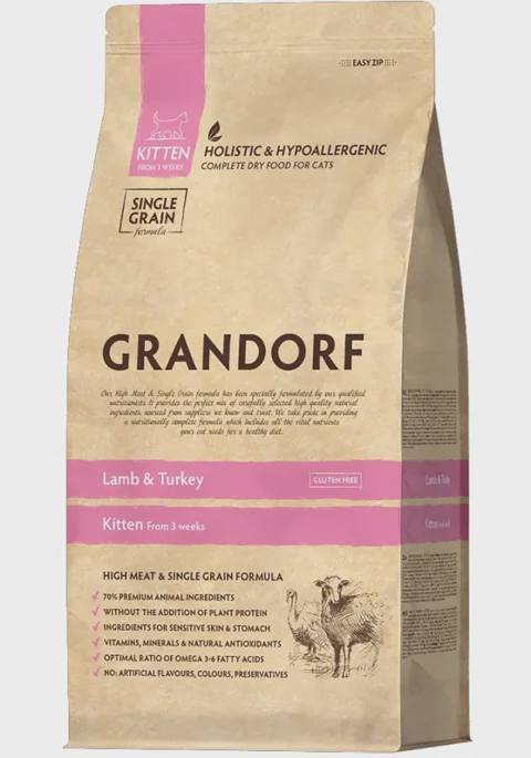 Grandorf Holistic & Hypoallergenic Kitten Lamb & Turkey, 3 həftəlikdən pişik balaları, hamilə və süd verən pişiklər üçün quru yem, quzu və hinduşka ilə (çəki ilə) — კატები