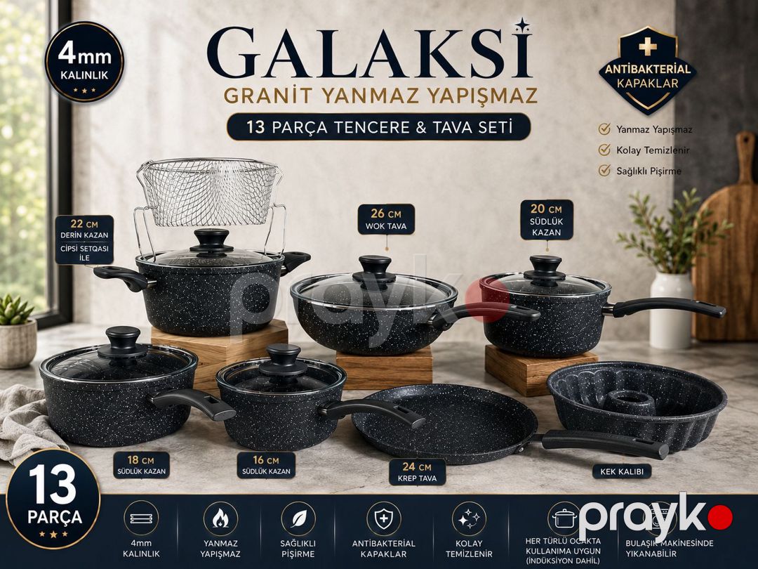 Yemək hazırlanması üçün qab-qacaq dəsti Galaksi, qranit, qara, 13 ədəd — Mallar, Bakı (2)