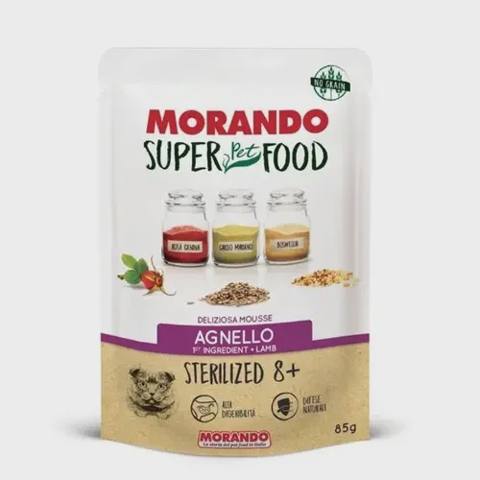 Morando Super Pet Food, sterilizasiya olunmuş pişiklər üçün yaş yem, quzu əti ilə, 85 q — კატები