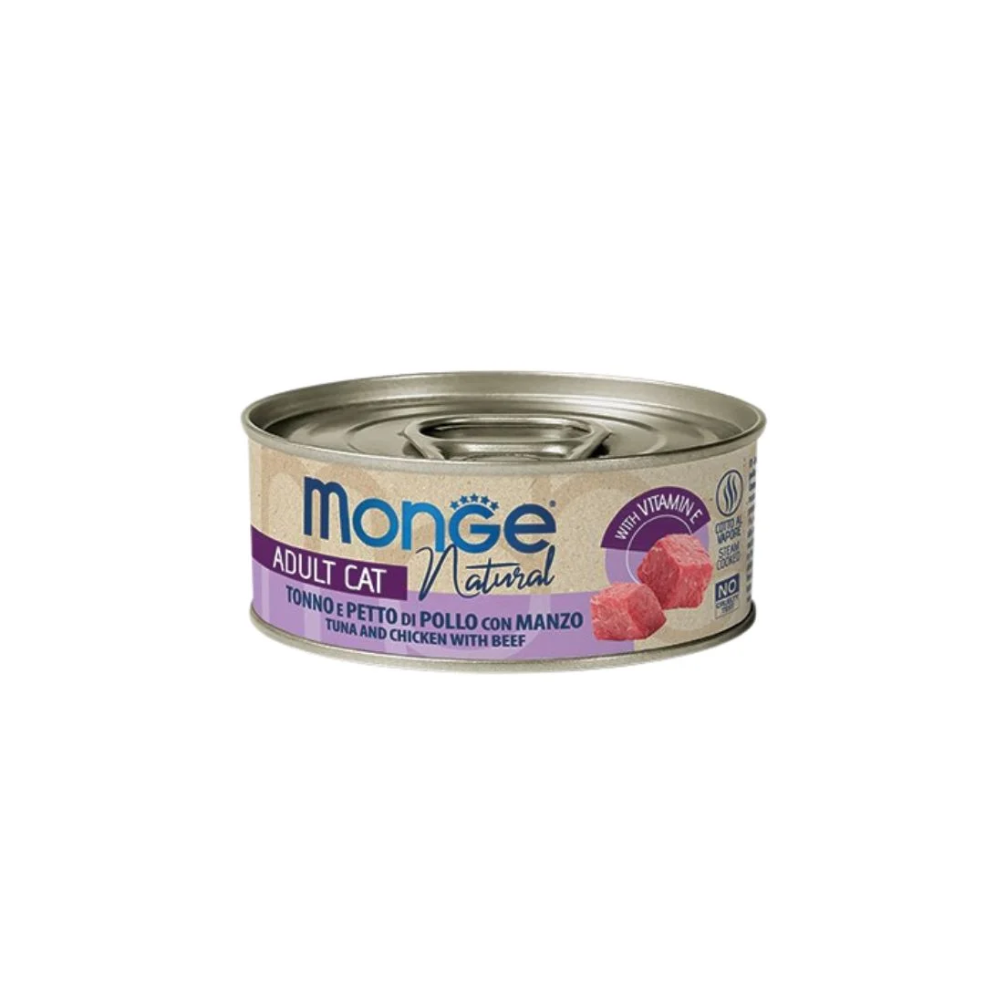 Monge Delicate Natural Tuna and Chicken with Beef Təbii Toyuq Döş əti ilə Mal əti ilə pişiklər üçün, Super Premium Keyfiyyət 80 qr