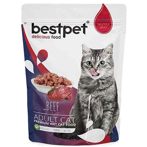 Bestpet Beef Adult Cat yetkin pişiklər üçün yaş yem, jele içində mal əti ilə, 85 q — Zoo.az — Cats