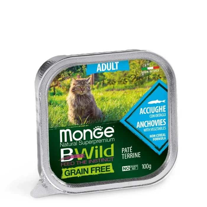 Monge BWild Cat Dənsiz Paştet terrine Yetkin pişiklər üçün Acciughe pate tərəvəzli hamsi, 100 q — Bakı