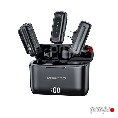 Porodo Wireless Collar Double Microphone with Charging Case and Lightning Adapter Black — Bakı