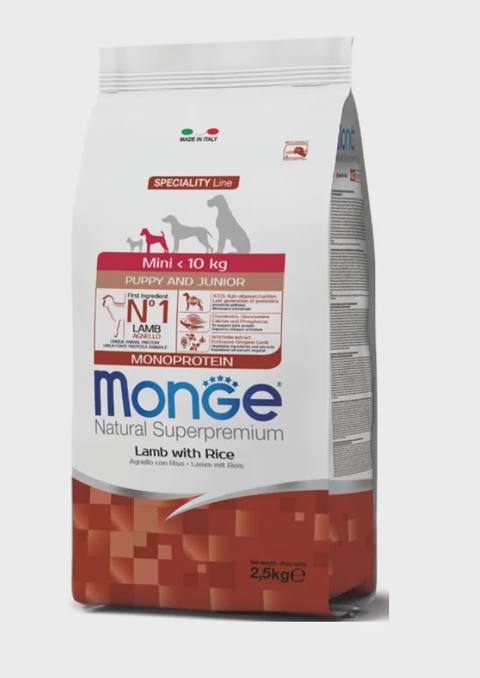 Monge Natural Junior Supetoremium Lamb & Rice, kiçik cinsli bala itlər üçün balanslaşdırılmış quru yem, quzu əti və düyü ilə, super premium keyfiyyət, 2.5 kq — ცხოველების მოვლის საშუალებები
