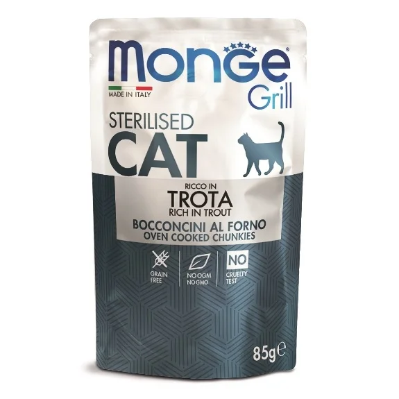 Monge Grill Sterilizasiya olunmuş Trota, sterilizasiya edilmiş və kastrasiya edilmiş pişiklər üçün tam bir qidadır, jele şəklində italyan alabalıq parçaları ilə, super premium keyfiyyətli, 85 qr — Zoo.az — Cats