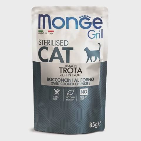 Monge Grill Sterilized Trota, sterilizasiya olunmuş pişiklər üçün jele içində italyan alabalığı parçaları ilə tam rasion, super premium keyfiyyətli, 85 q — Cats