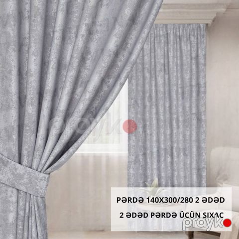 Pərdə 300x140 sm, 2 əd, mərmərli boz — Bakı