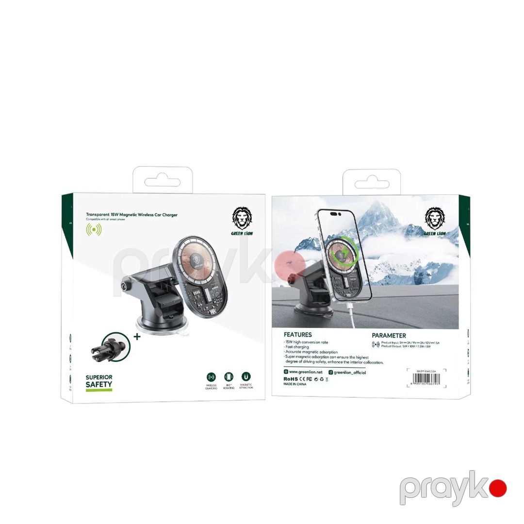 Green Transparent Magnetic Wireless Car Charger 15W Black — Mallar, Bakı (4)