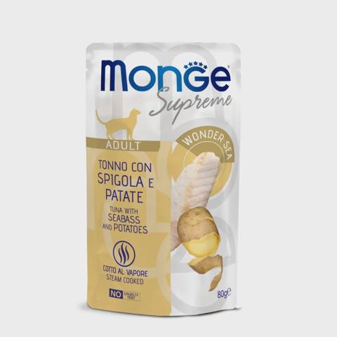 Monge Supreme Cat, yetkin pişiklər üçün sousda ton balığı, dəniz alabuğası və kartof ilə, 80 q — Cats