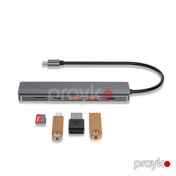 Powerology 6 in 1 Slim 4K HDMI Usb-c Hub PD 100W USB MicroSD Grey — Mallar, Bakı (2)
