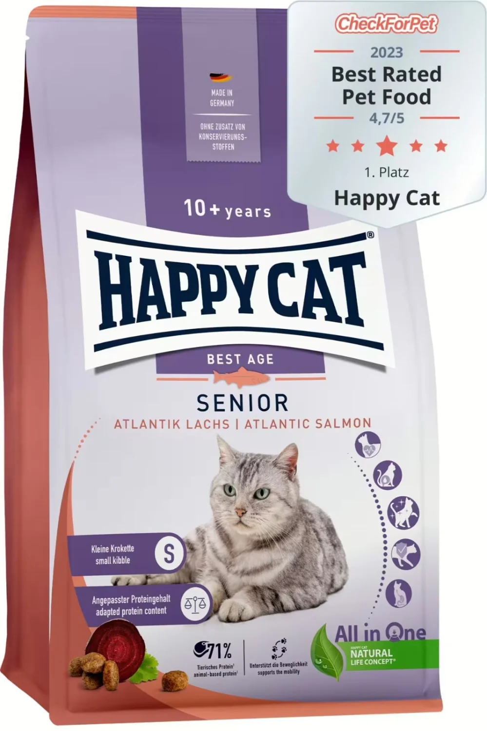 Happy Cat Senior Best Age Atlantic Salmon, 10 yaşdan yuxarı yaşlı pişiklər üçün quru yem, qızılbalıqla (çəki ilə) — Zoo.az — Cats