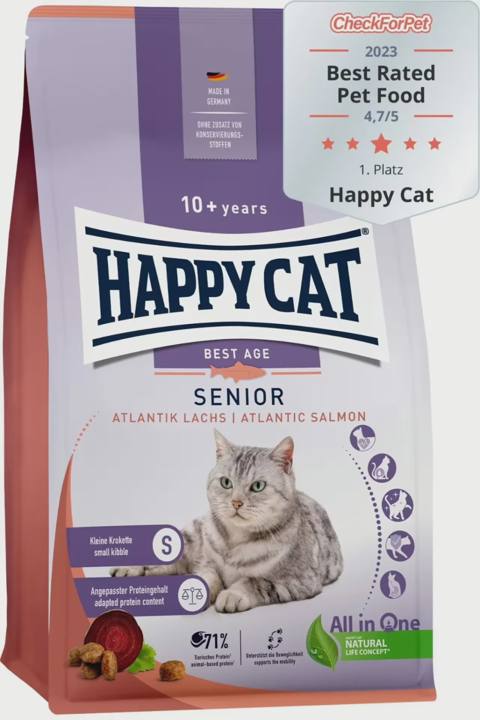 Happy Cat Senior Best Age Atlantic Salmon, 10 yaşdan yuxarı yaşlı pişiklər üçün quru yem, qızılbalıqla (çəki ilə) — Kediler