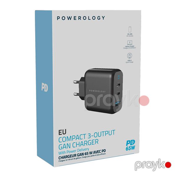 Powerology 65W 1*QC 36W Usb-a and 2*USB-C Ports GaN PD Wall Charger EU Black — Mallar, Bakı (3)