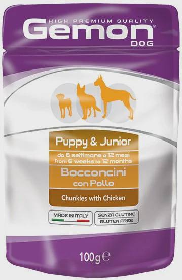 Gemon Pouch Dog Puppy & Junior, bala itlər üçün yaş yem, toyuq dadı ilə, 100 q — Pet supplies